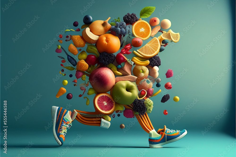 Running man made from fruit and vegetables. Concept on theme of healthy lifestyle.